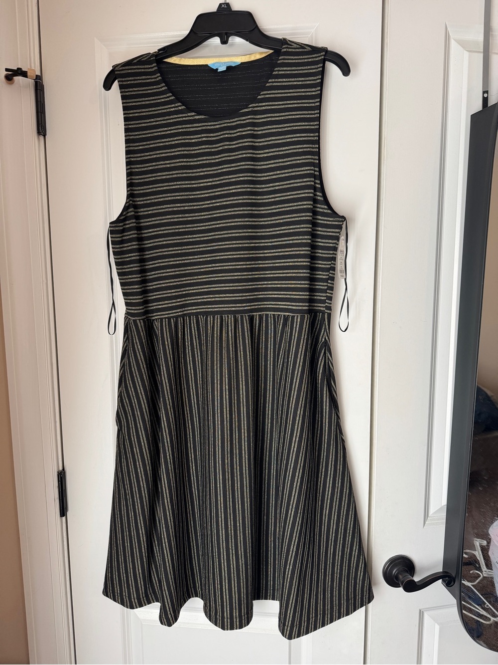 Women’s Black and Gold Striped Sleeveless Dress with pockets